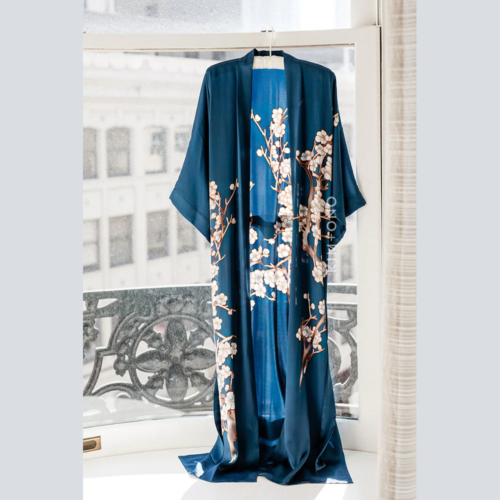 Silk Handpainted Cherry Blossom Long Kimono Robe