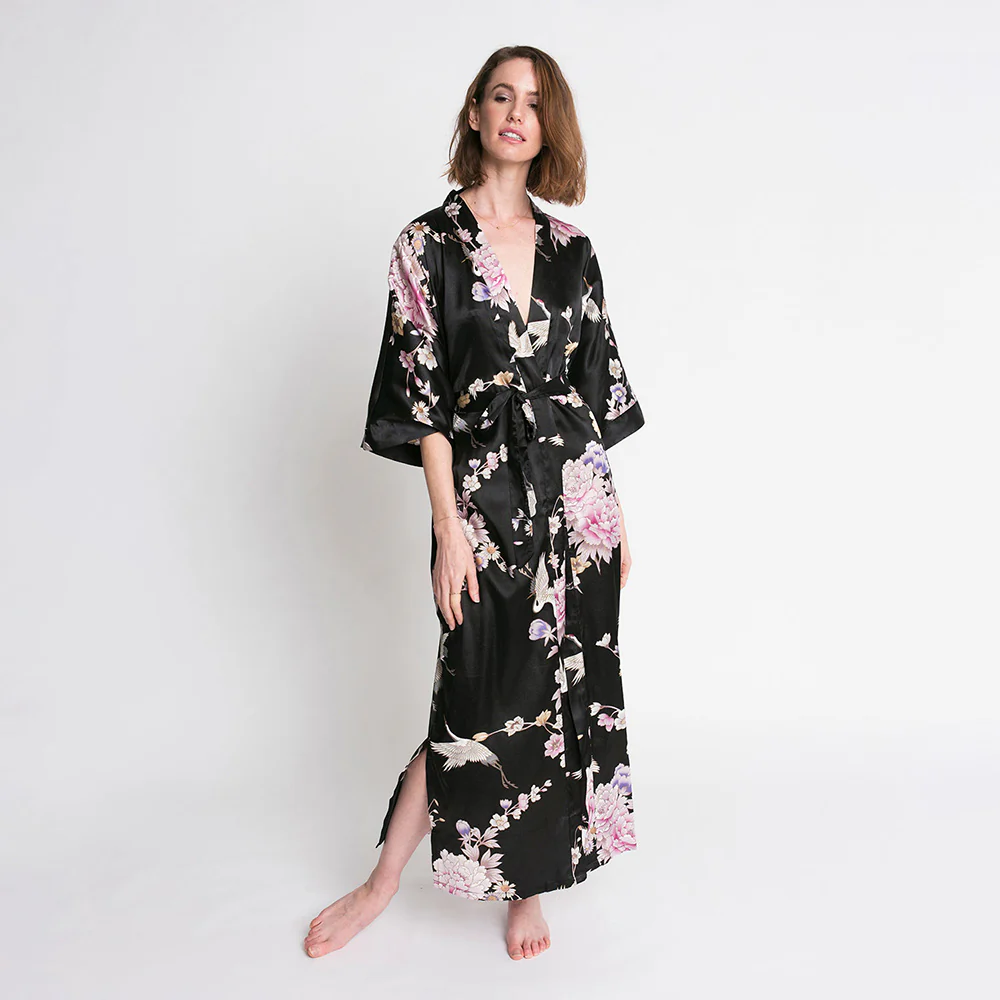 Chrysanthemum & Crane Long Kimono Robe
