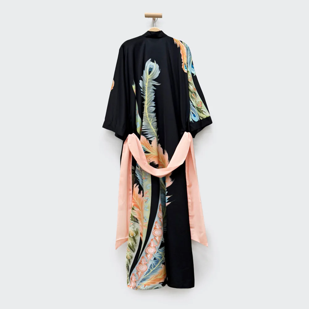 Peacock Feather Long Kimono Robe
