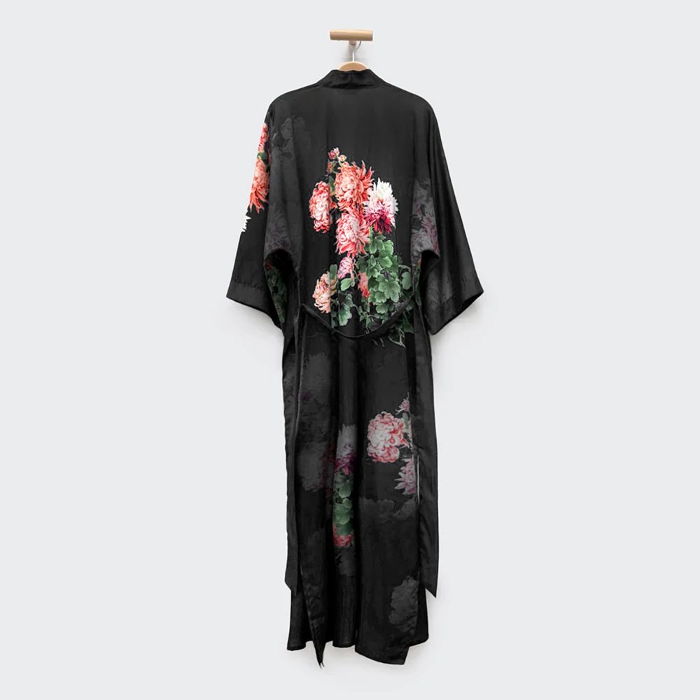 Coral Chrysanthemum Long Kimono Robe