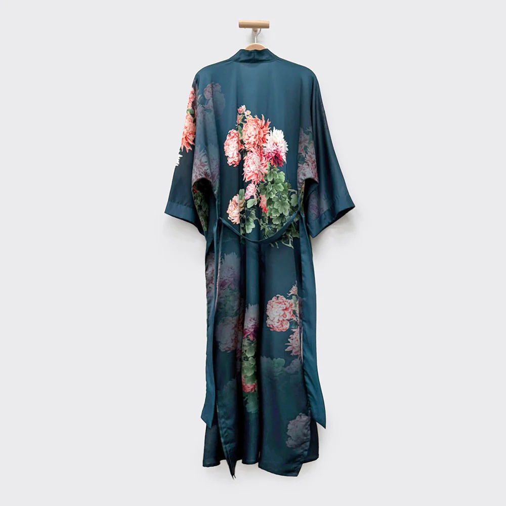 Coral Chrysanthemum Long Kimono Robe 3 Coral Chrysanthemum Long Kimono Robe